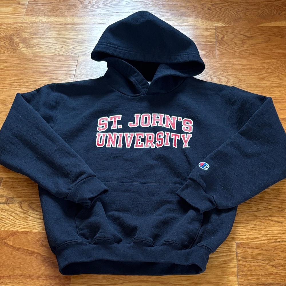 Champion Navy Pullover Hoodie with Red and White St. John's University Lettering